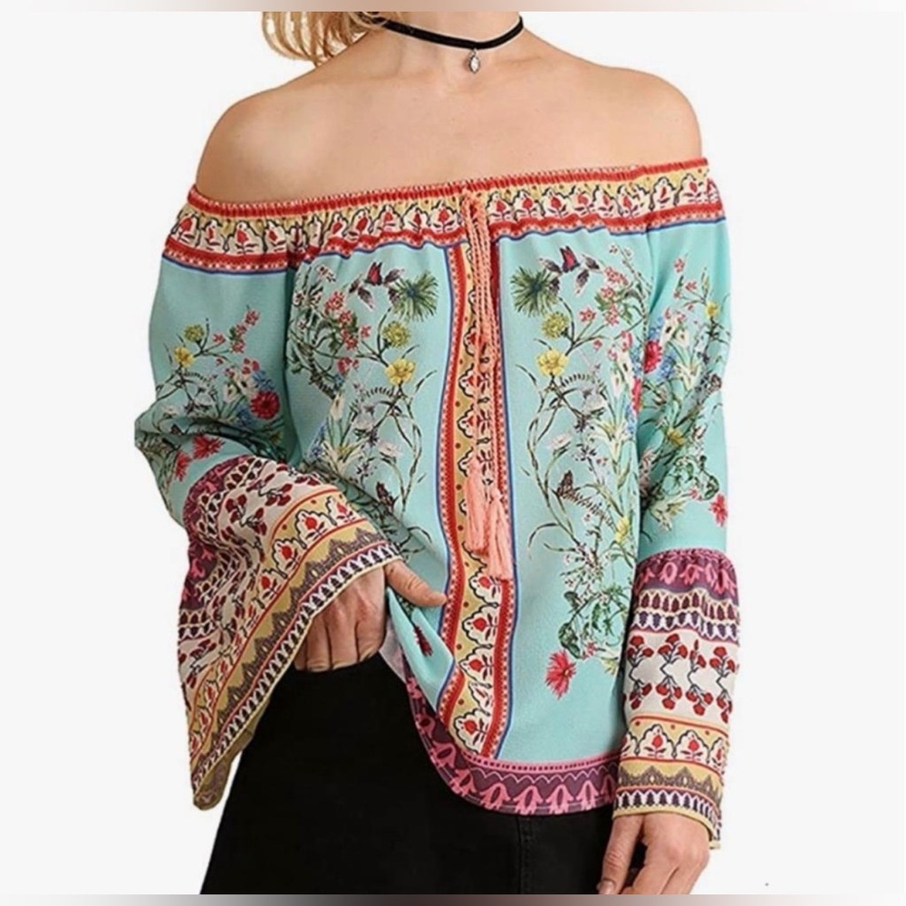 Umgee USA Boho Floral Off-Shoulder Peasant Blouse Floral Print Bell Sleeves Sm